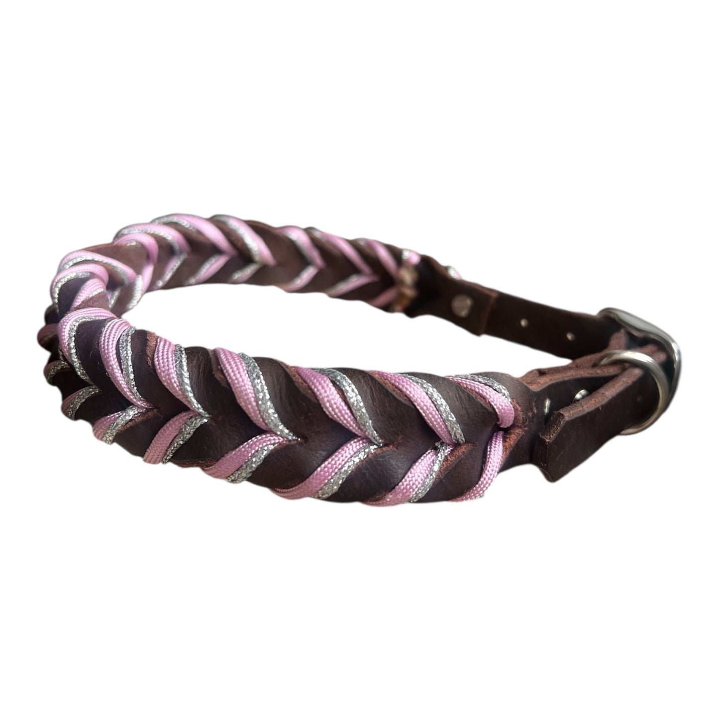 Geflochtenes Lederhalsband Rosa/Silber