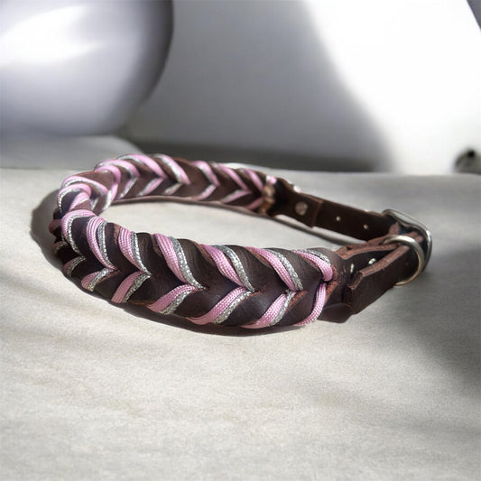 Geflochtenes Lederhalsband Rosa/Silber
